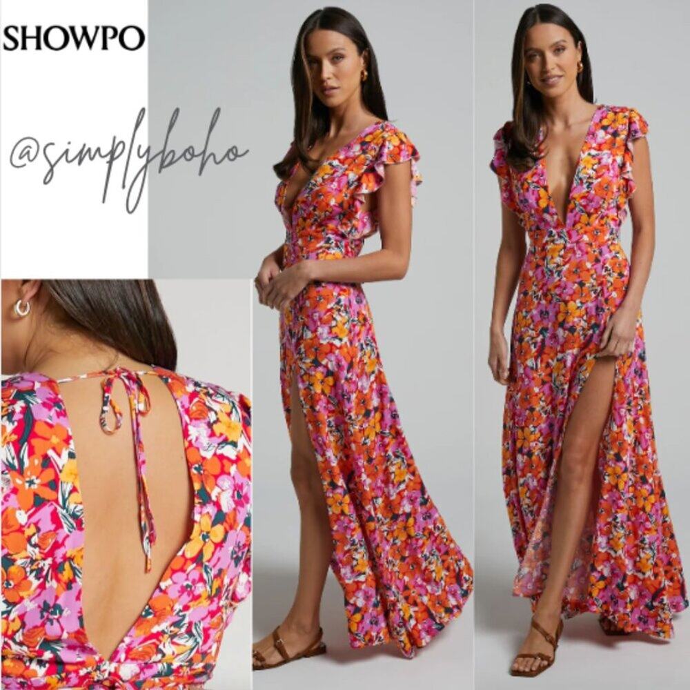 NEW - Showpo Dyliah Maxi Dress Pink and Orange Floral Backless Dress - SIZE 12